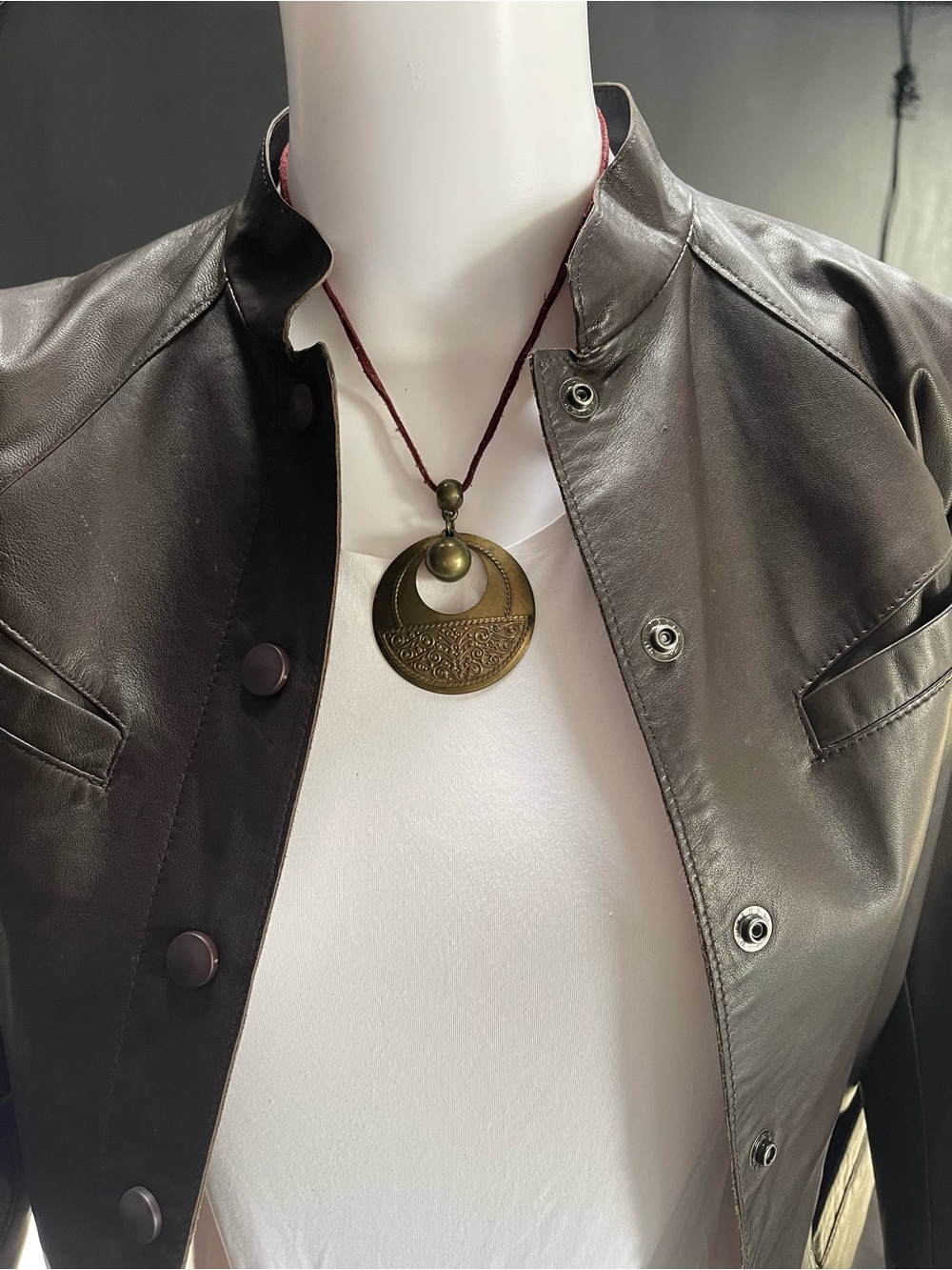 Vintage Brass Crescent Pendant Necklace with Brown Cord